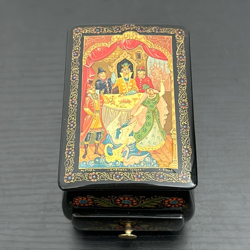 Russian Mstera Lacquer Box "The Swan Princess" Signed A. Basov Double Decker VTG